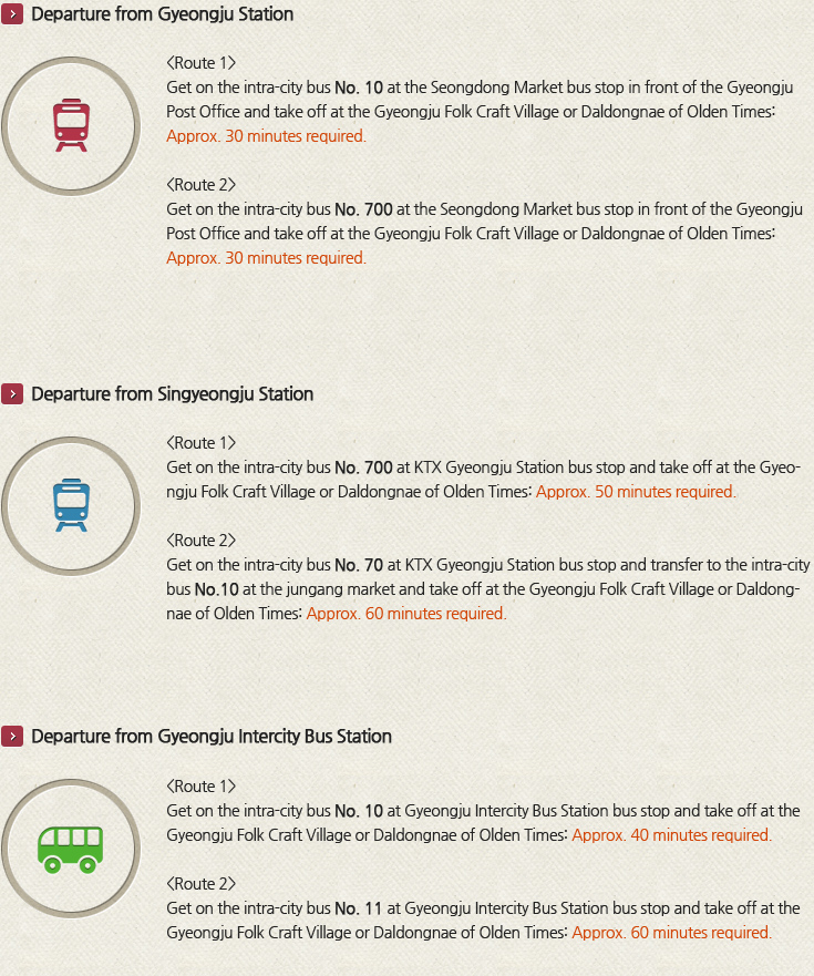 Departure from Gyeongju Station-Get on the intra-city bus No. 10 or 700 at the Seongdong Market bus stop in front of the Gyeongju Post Office and take off at the Gyeongju Folk Craft Village or Daldongnae of Olden Times: Approx. 30 minutes required. / Departure from Singyeongju Station - Take on the intra-city bus No. 70 or 700 at KYX Gyeongju Station: Approx. 60 minutes required. / Departure from Gyeongju Intercity Bus Station - Take on the intra-city bus No. 10 at Gyeongju Intercity Bus Station: Approx. 40 minutes required. Approx. 60 minutes required.